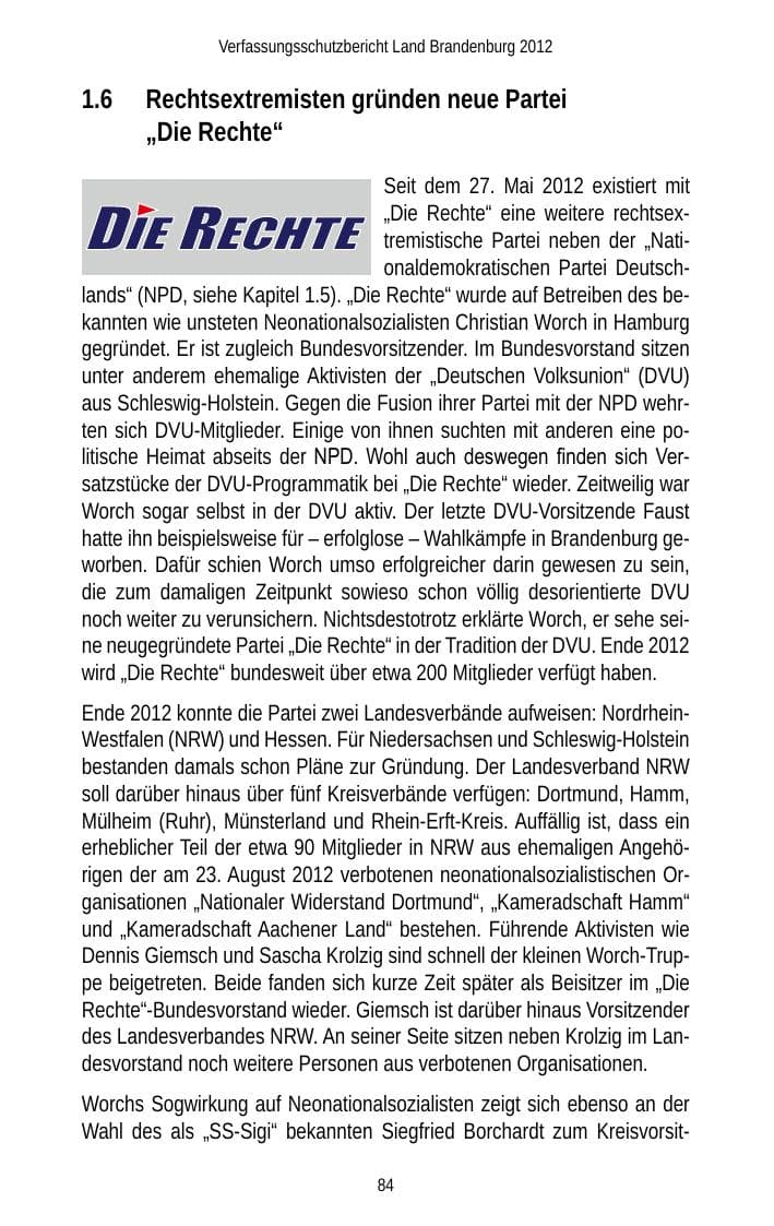 Seite 84 des Verfassungsschutzbericht 2012 Brandenburg