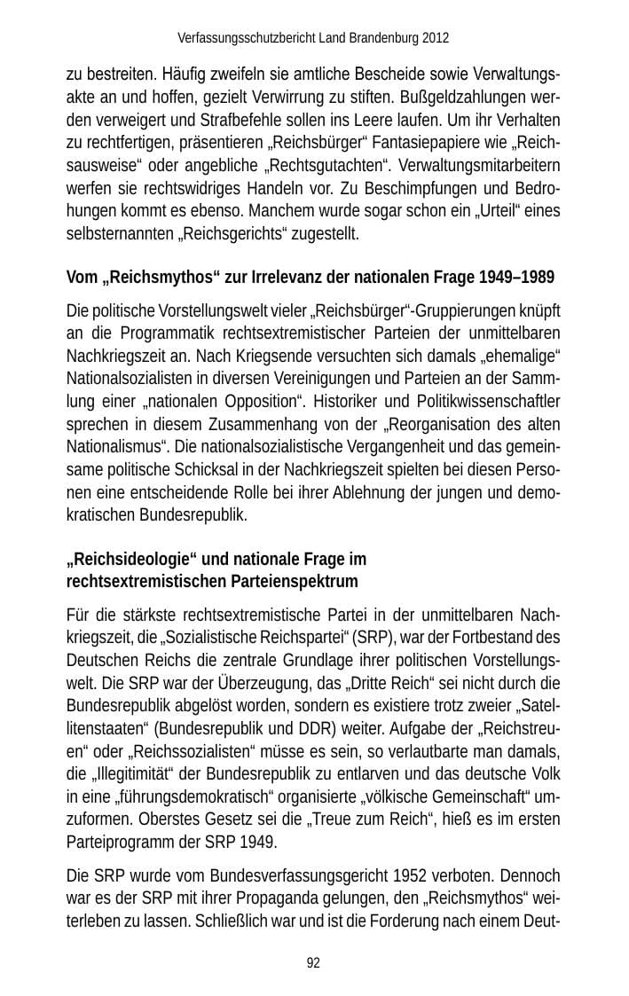 Seite 92 des Verfassungsschutzbericht 2012 Brandenburg