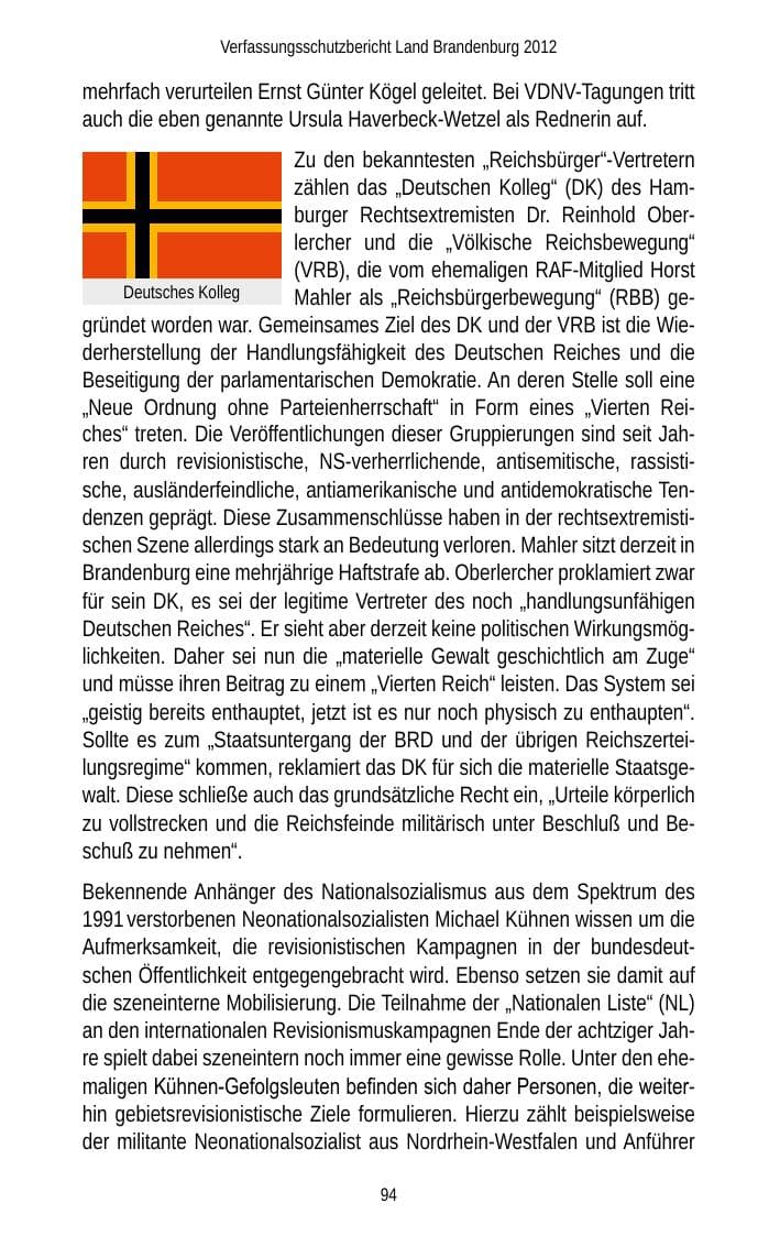 Seite 94 des Verfassungsschutzbericht 2012 Brandenburg