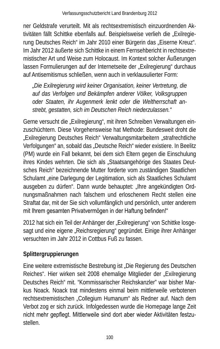 Seite 100 des Verfassungsschutzbericht 2012 Brandenburg