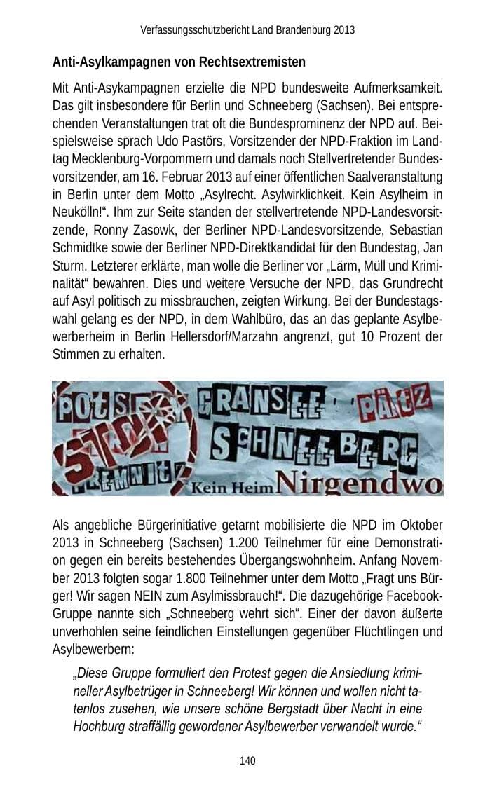 Seite 142 des Verfassungsschutzbericht 2013 Brandenburg