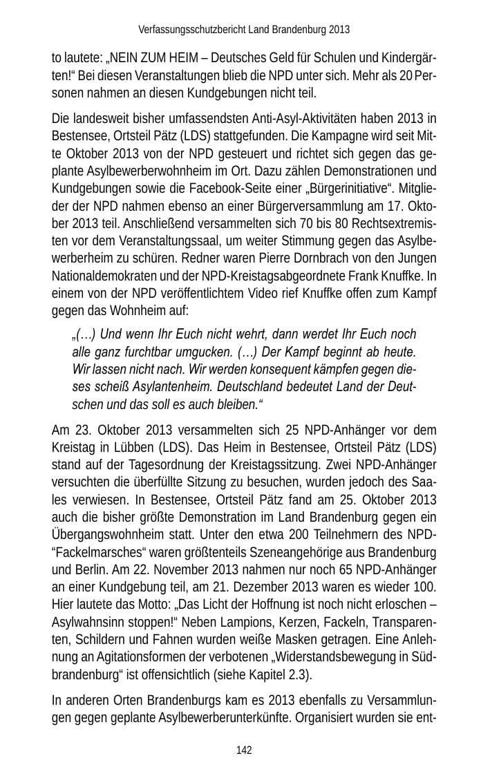 Seite 144 des Verfassungsschutzbericht 2013 Brandenburg