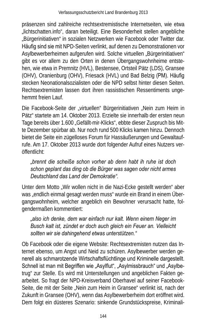 Seite 146 des Verfassungsschutzbericht 2013 Brandenburg