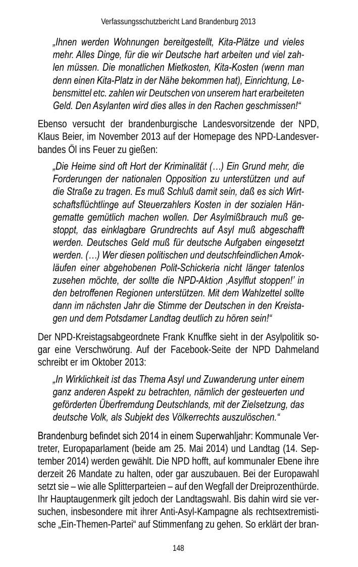 Seite 150 des Verfassungsschutzbericht 2013 Brandenburg