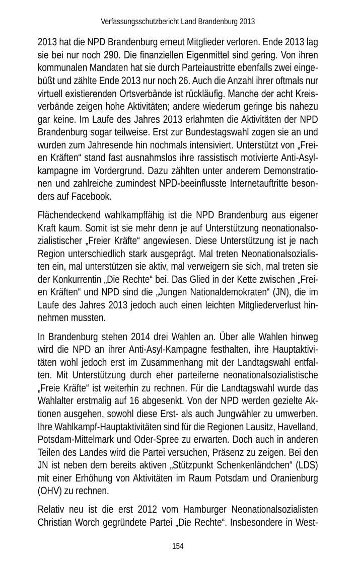 Seite 156 des Verfassungsschutzbericht 2013 Brandenburg