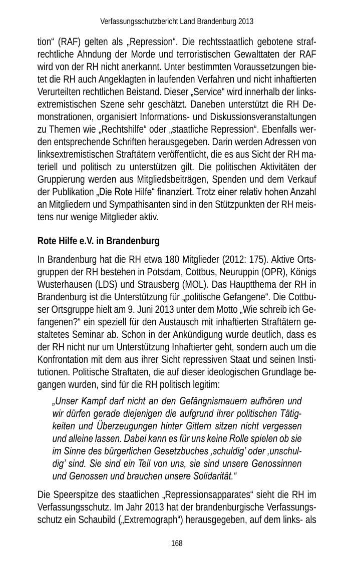 Seite 170 des Verfassungsschutzbericht 2013 Brandenburg