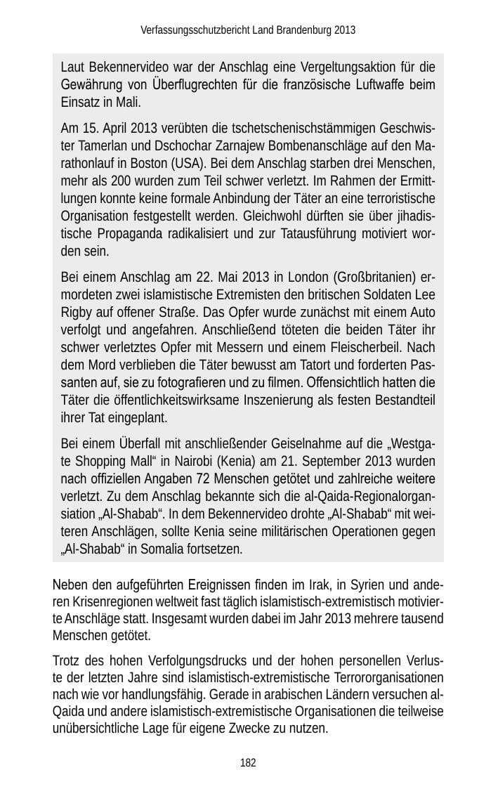 Seite 184 des Verfassungsschutzbericht 2013 Brandenburg
