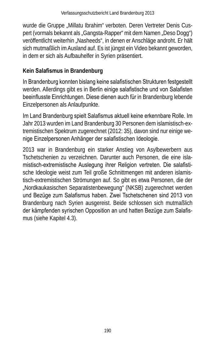 Seite 192 des Verfassungsschutzbericht 2013 Brandenburg