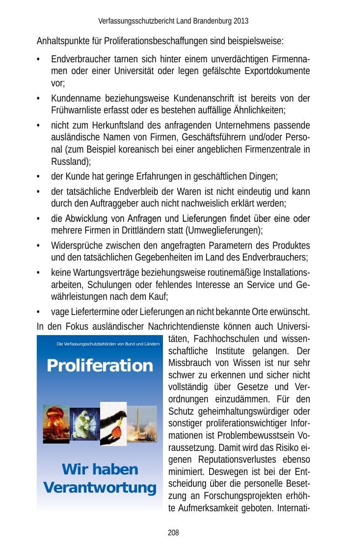 Seite 210 des Verfassungsschutzbericht 2013 Brandenburg
