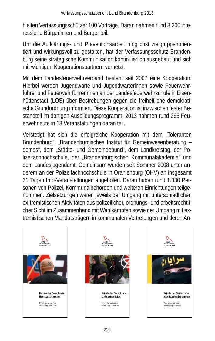 Seite 218 des Verfassungsschutzbericht 2013 Brandenburg