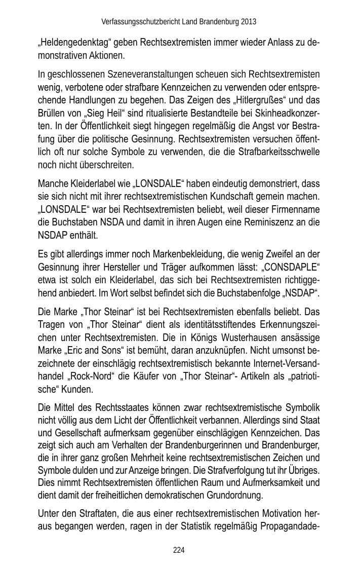 Seite 226 des Verfassungsschutzbericht 2013 Brandenburg