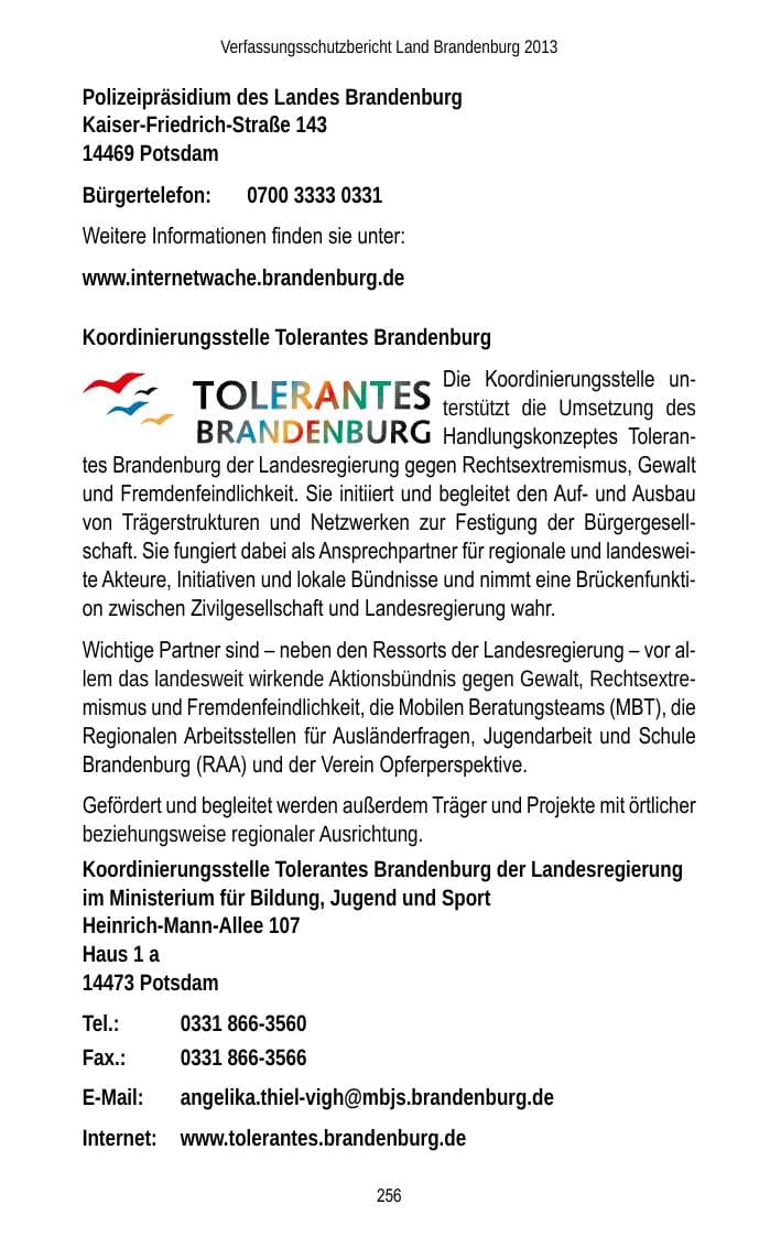 Seite 258 des Verfassungsschutzbericht 2013 Brandenburg