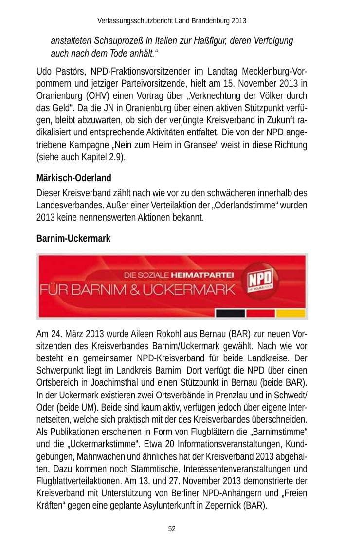 Seite 54 des Verfassungsschutzbericht 2013 Brandenburg