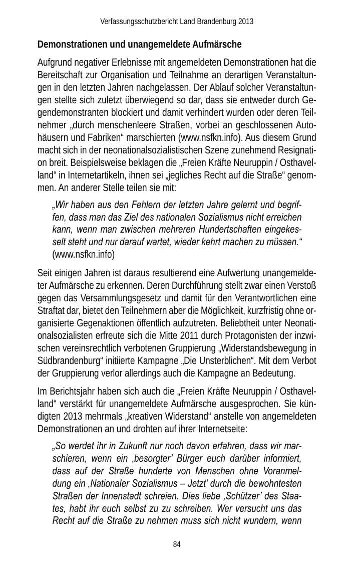 Seite 86 des Verfassungsschutzbericht 2013 Brandenburg