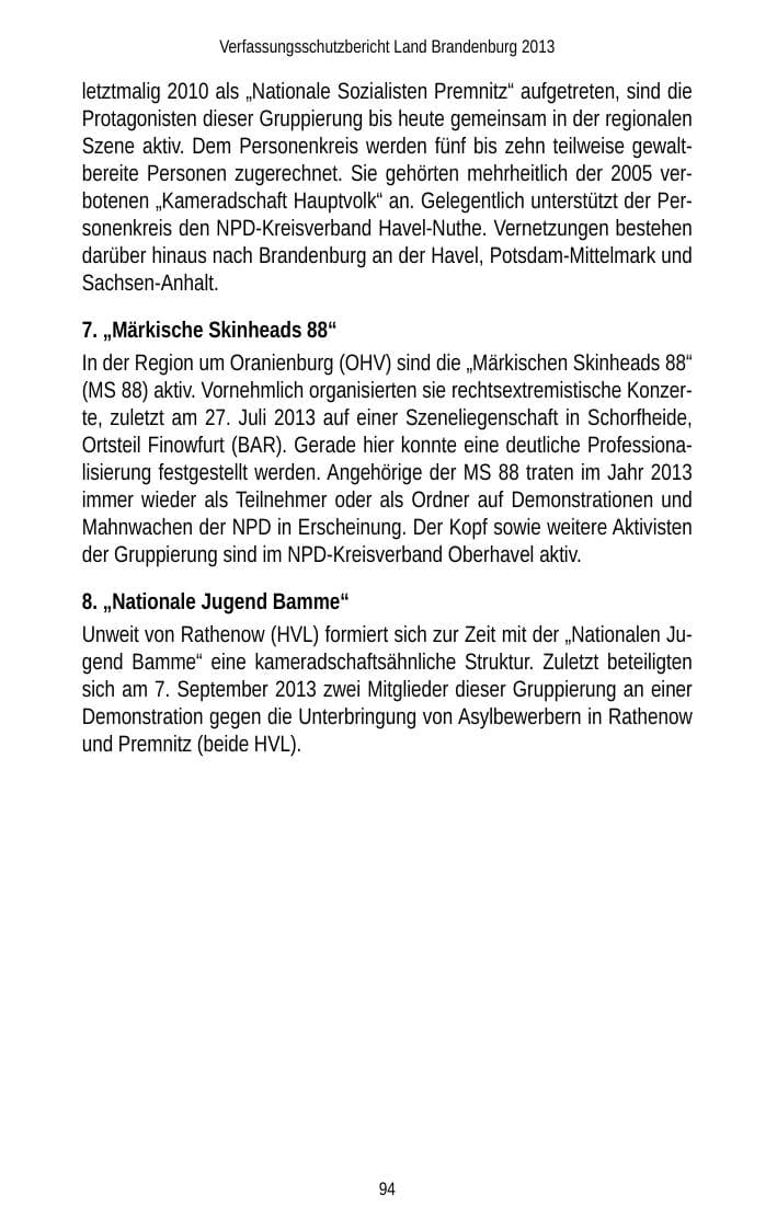 Seite 96 des Verfassungsschutzbericht 2013 Brandenburg