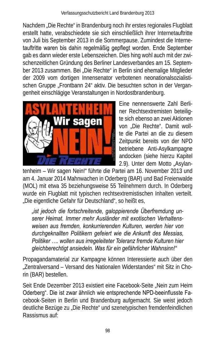 Seite 100 des Verfassungsschutzbericht 2013 Brandenburg
