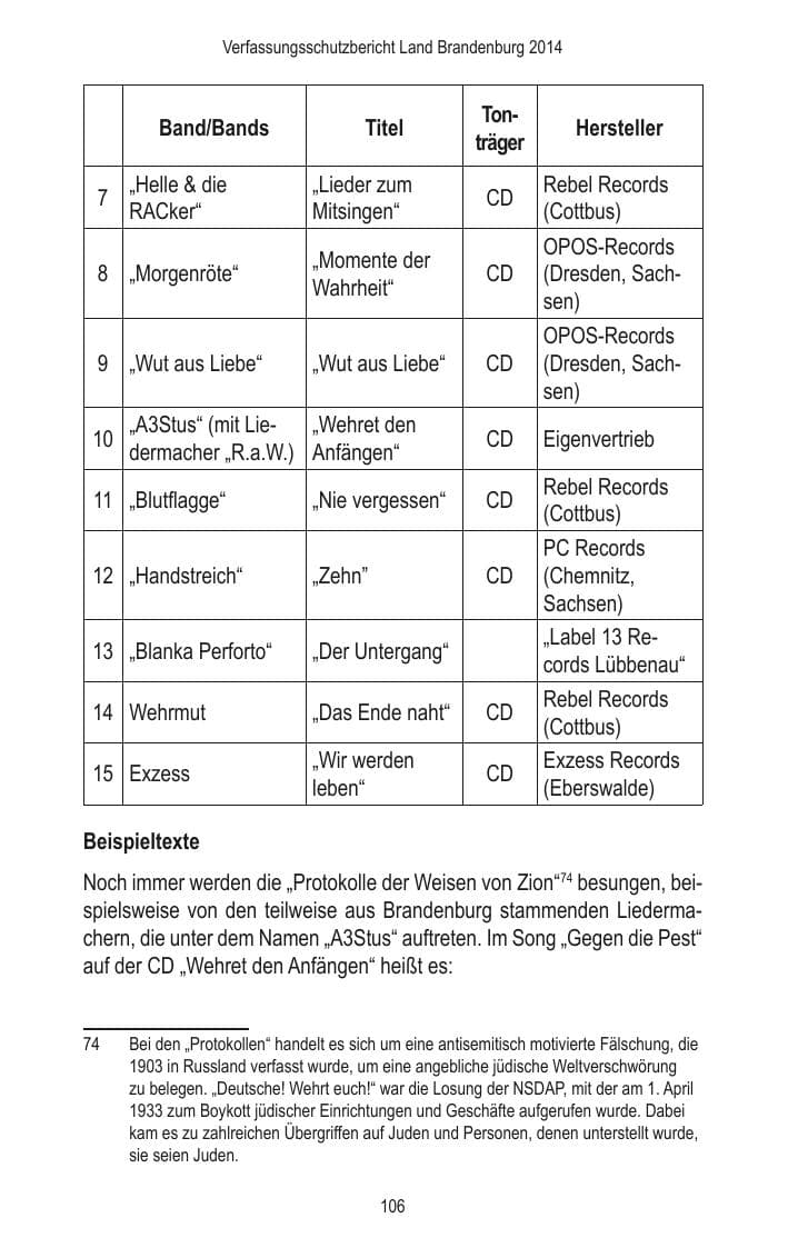 Seite 108 des Verfassungsschutzbericht 2014 Brandenburg