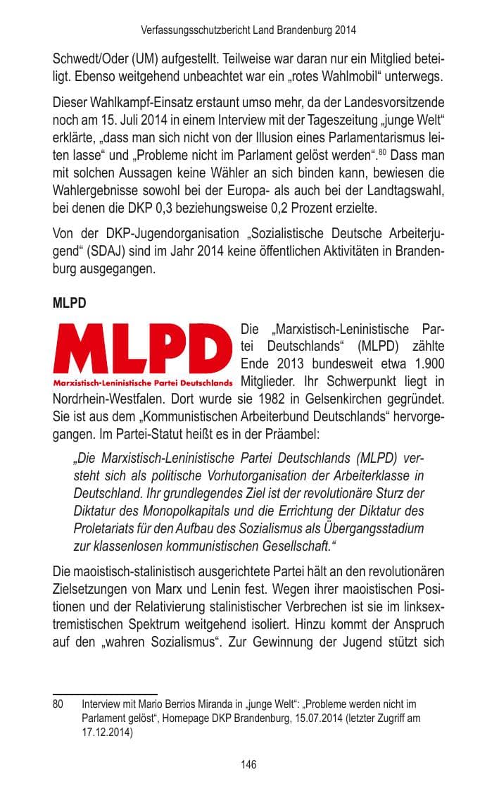 Seite 148 des Verfassungsschutzbericht 2014 Brandenburg