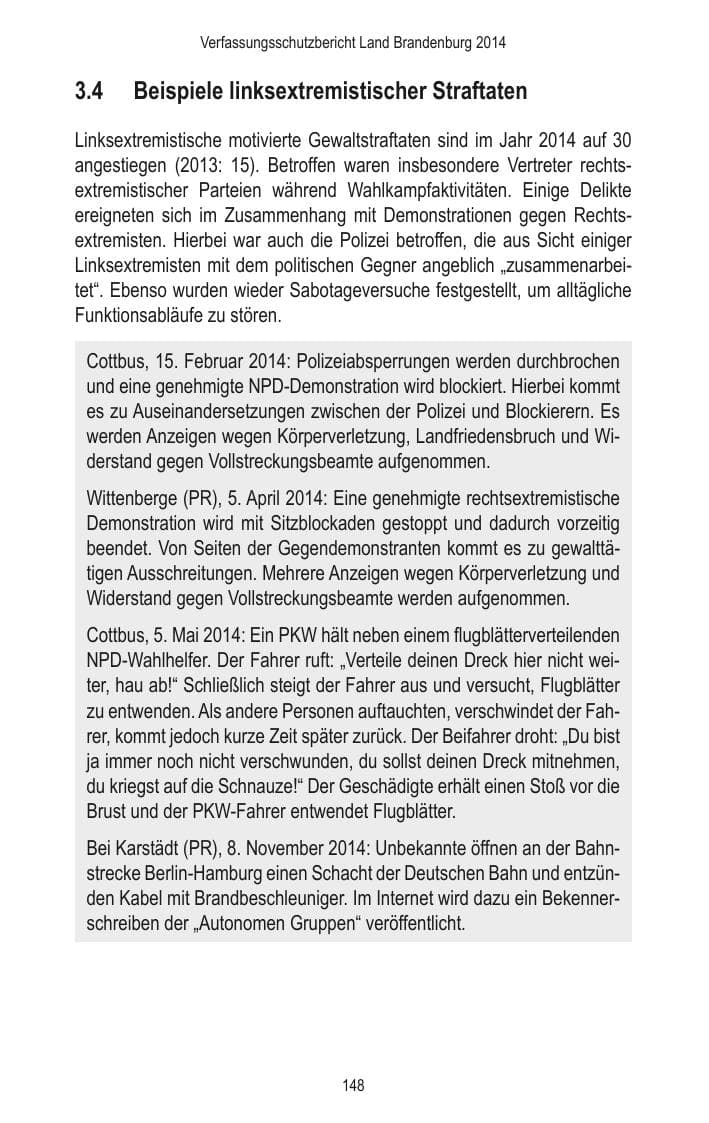 Seite 150 des Verfassungsschutzbericht 2014 Brandenburg