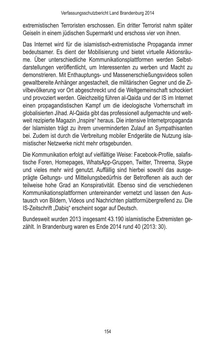 Seite 156 des Verfassungsschutzbericht 2014 Brandenburg