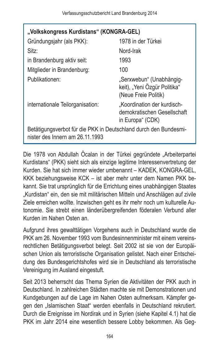 Seite 166 des Verfassungsschutzbericht 2014 Brandenburg