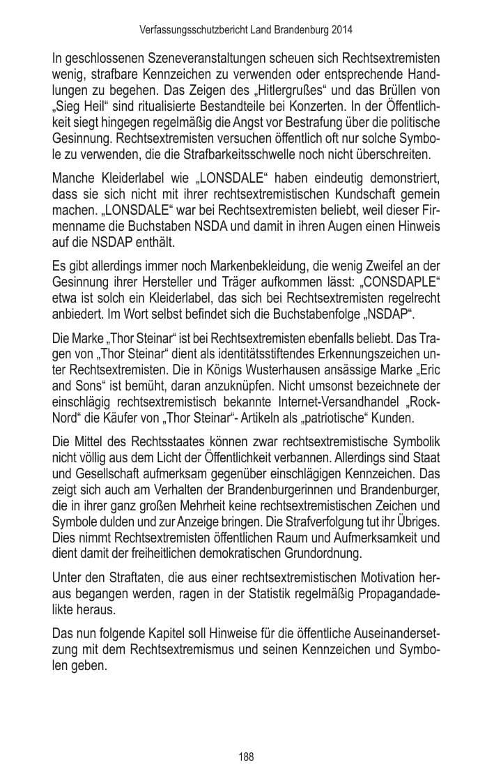 Seite 190 des Verfassungsschutzbericht 2014 Brandenburg