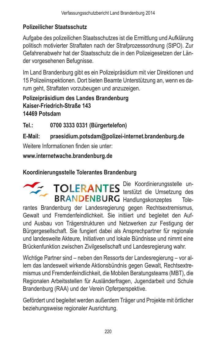 Seite 222 des Verfassungsschutzbericht 2014 Brandenburg