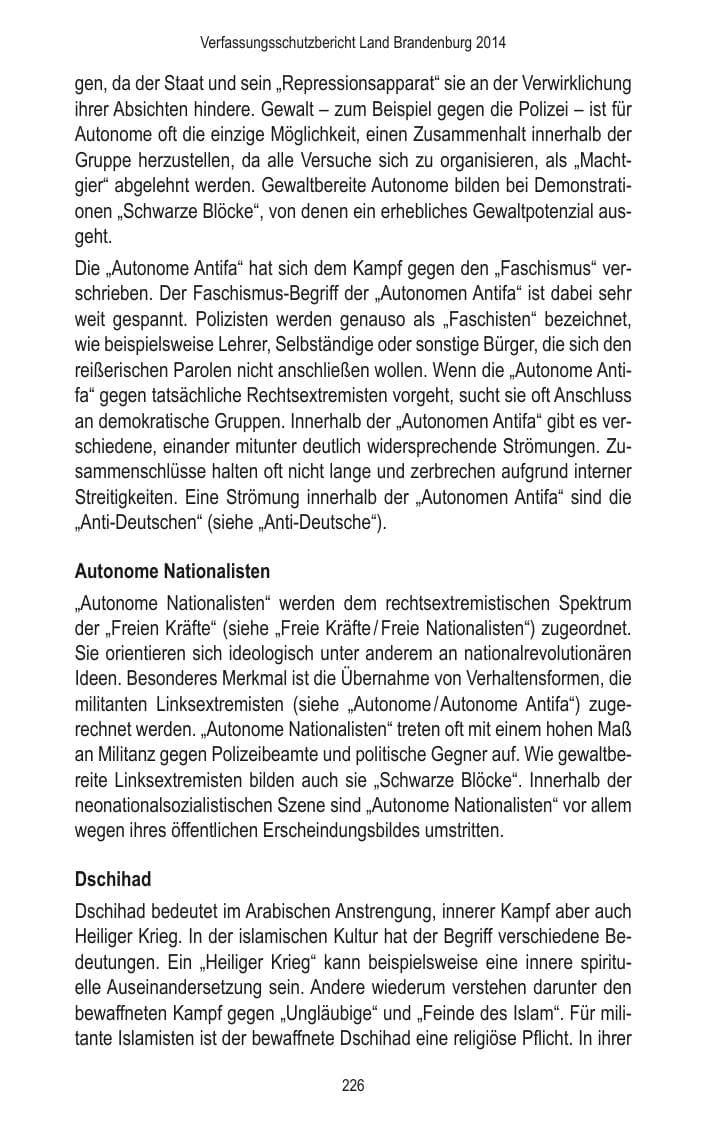 Seite 228 des Verfassungsschutzbericht 2014 Brandenburg
