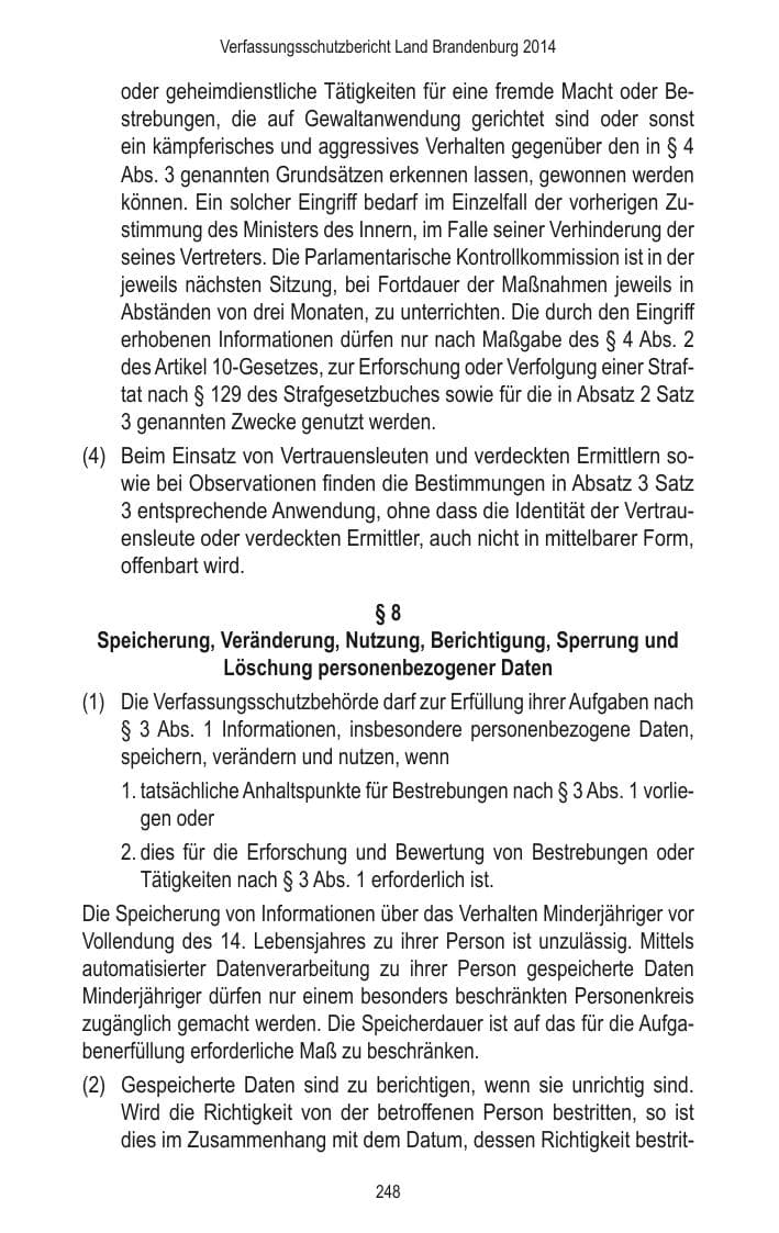 Seite 250 des Verfassungsschutzbericht 2014 Brandenburg