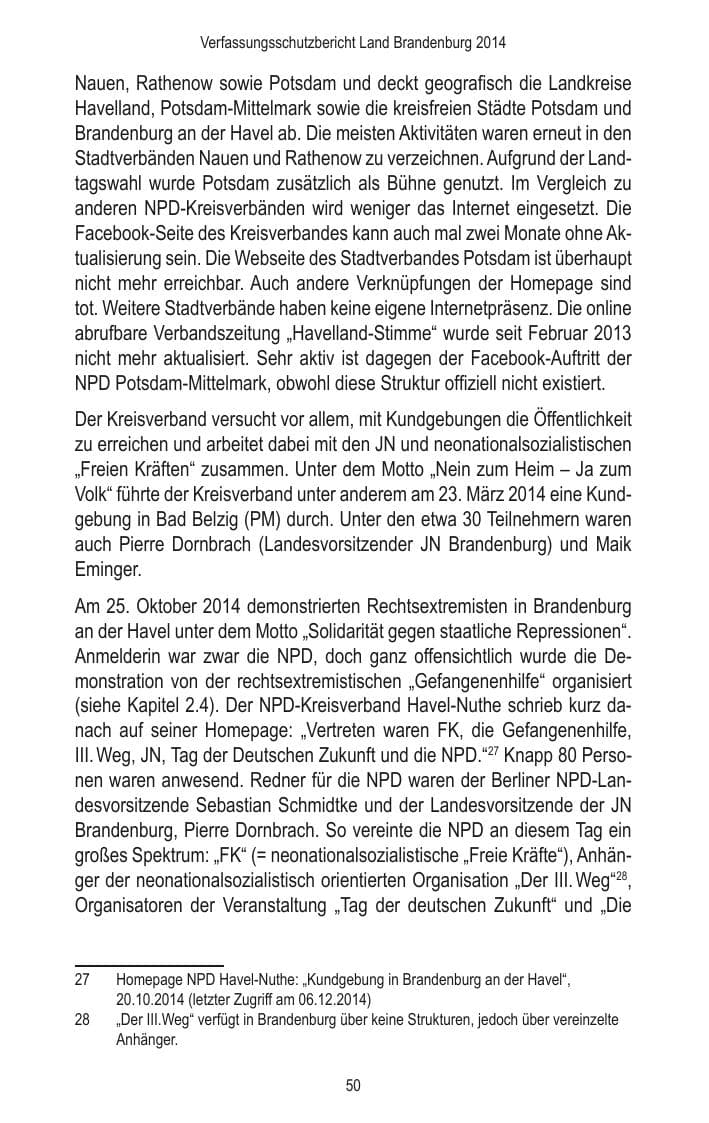 Seite 52 des Verfassungsschutzbericht 2014 Brandenburg