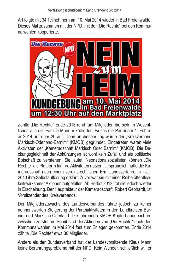 Seite 72 des Verfassungsschutzbericht 2014 Brandenburg