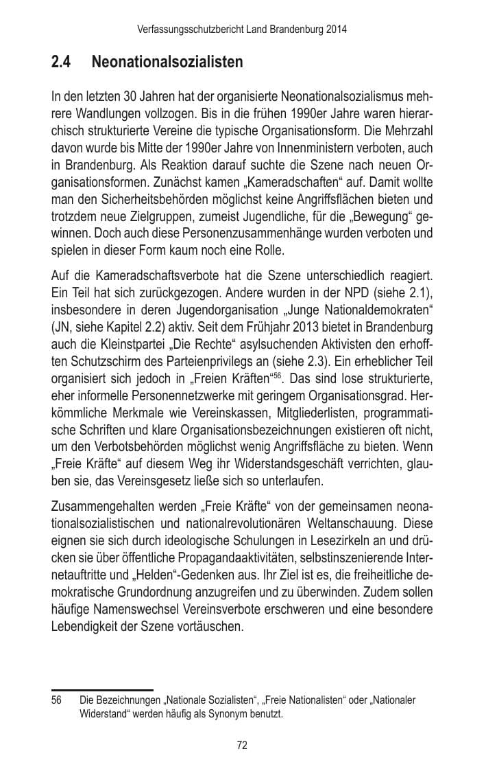 Seite 74 des Verfassungsschutzbericht 2014 Brandenburg