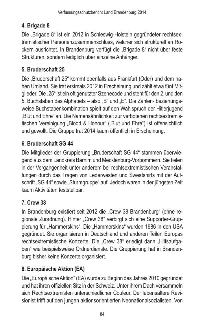 Seite 86 des Verfassungsschutzbericht 2014 Brandenburg