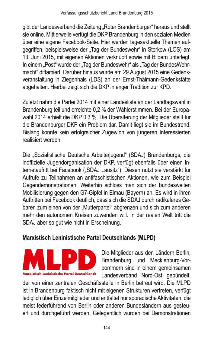 Seite 146 des Verfassungsschutzbericht 2015 Brandenburg