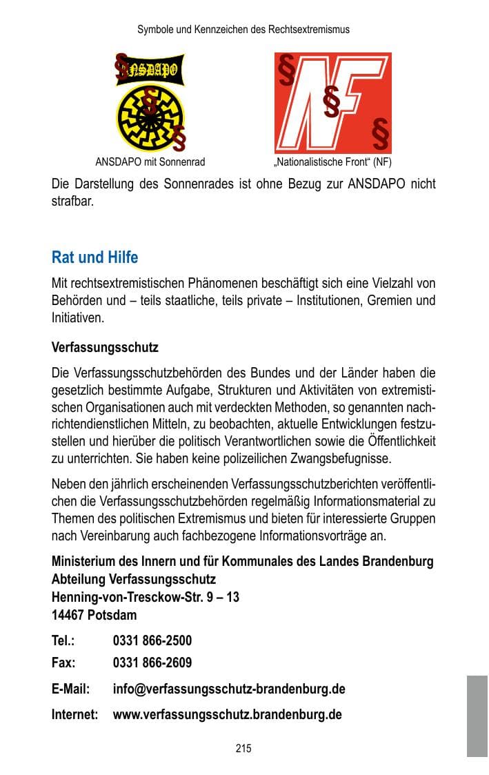 Seite 217 des Verfassungsschutzbericht 2015 Brandenburg