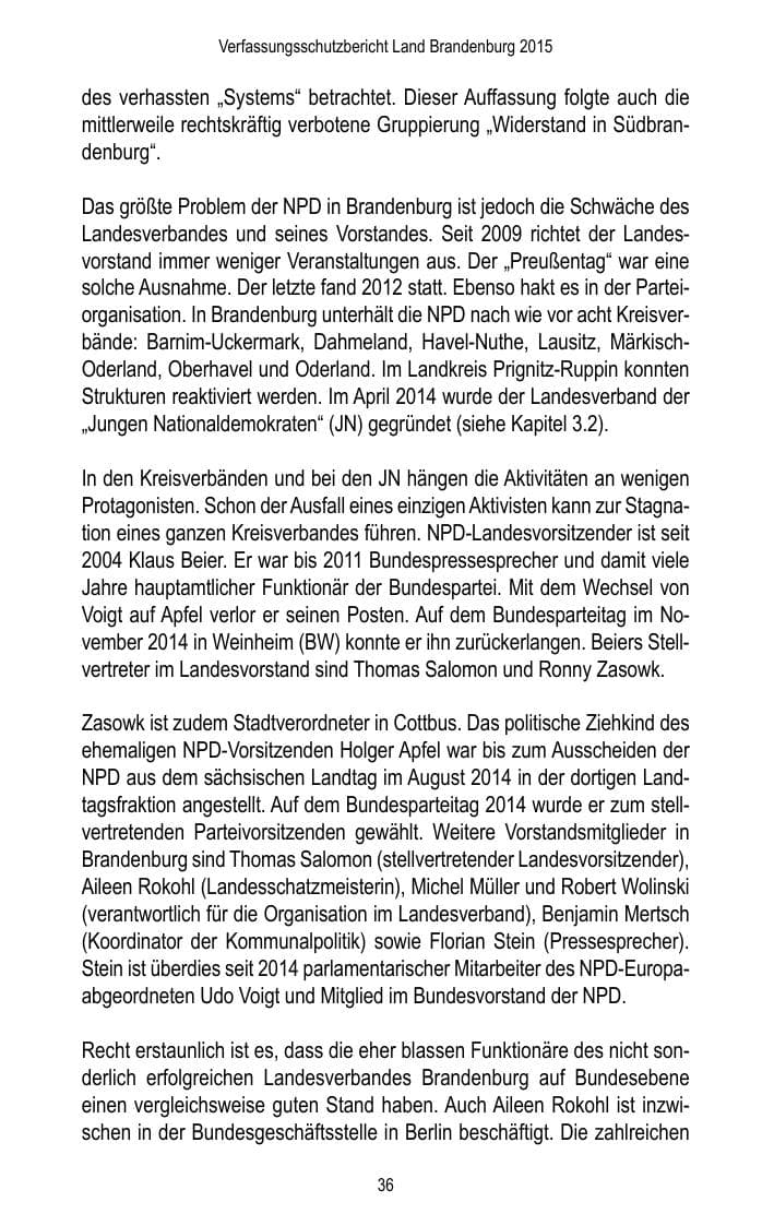 Seite 38 des Verfassungsschutzbericht 2015 Brandenburg
