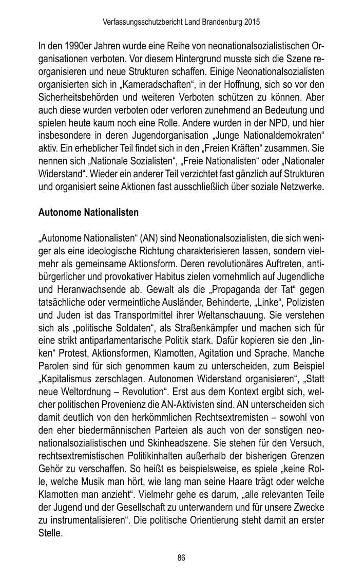 Seite 88 des Verfassungsschutzbericht 2015 Brandenburg