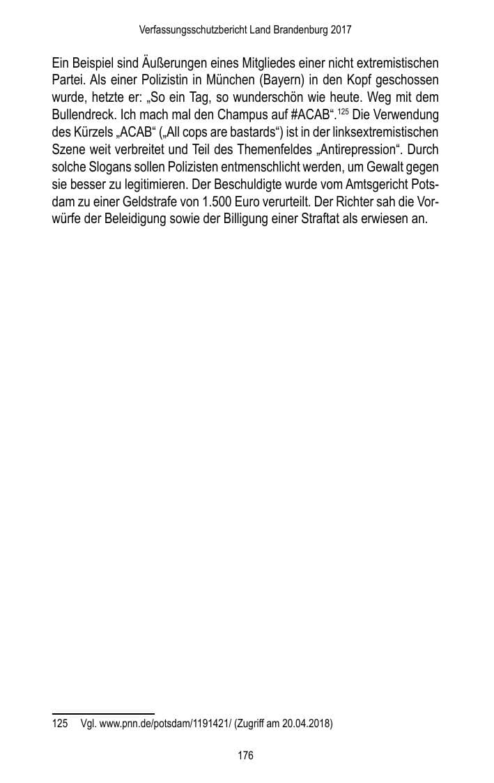 Seite 178 des Verfassungsschutzbericht 2017 Brandenburg