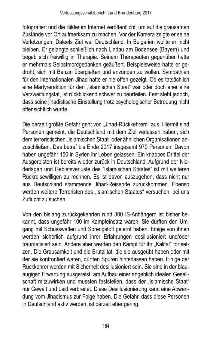 Seite 186 des Verfassungsschutzbericht 2017 Brandenburg