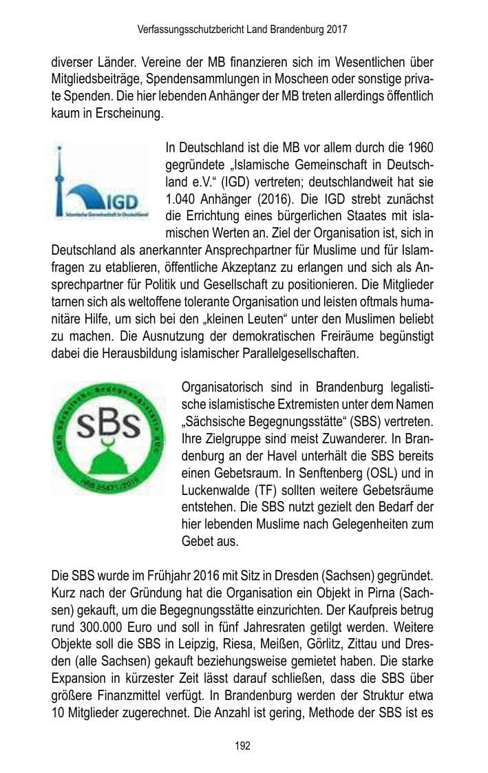 Seite 194 des Verfassungsschutzbericht 2017 Brandenburg