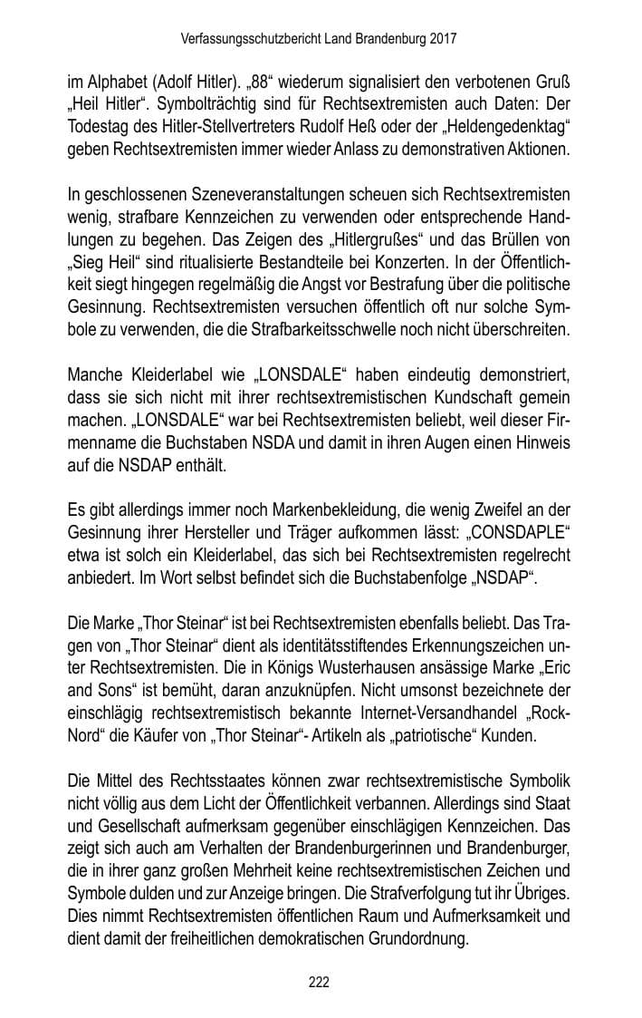 Seite 224 des Verfassungsschutzbericht 2017 Brandenburg
