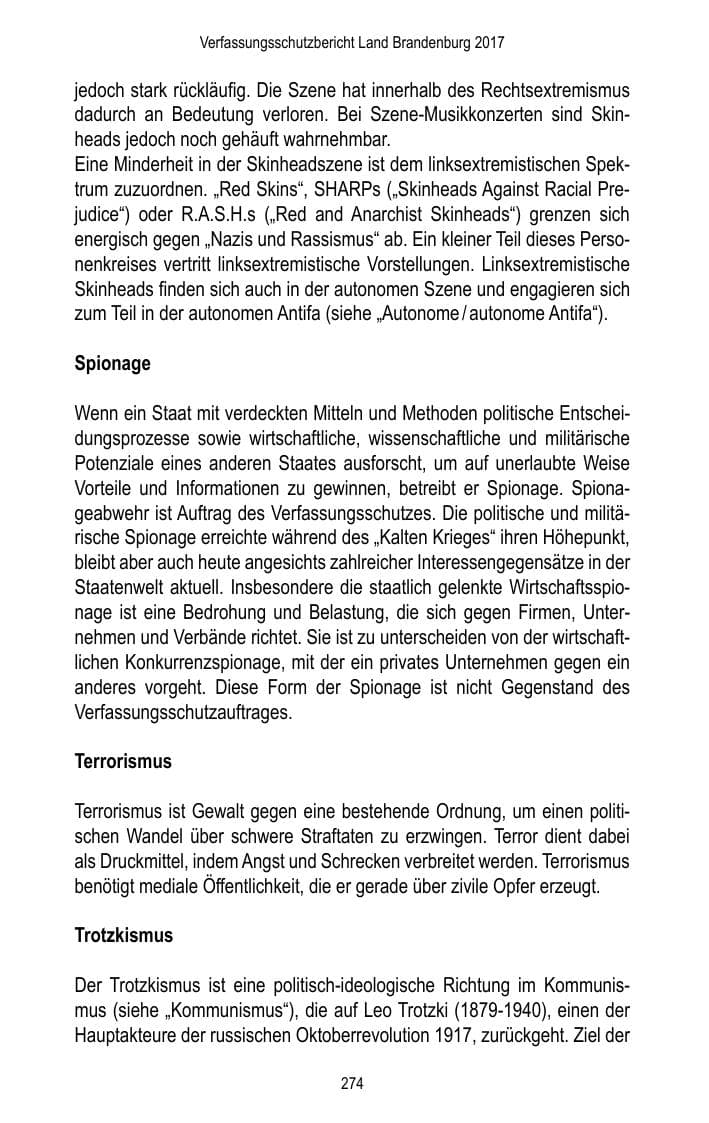 Seite 276 des Verfassungsschutzbericht 2017 Brandenburg