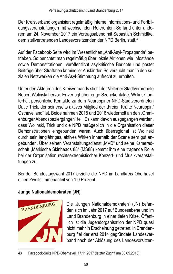 Seite 52 des Verfassungsschutzbericht 2017 Brandenburg