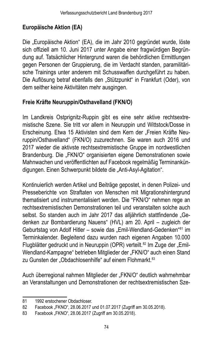 Seite 76 des Verfassungsschutzbericht 2017 Brandenburg