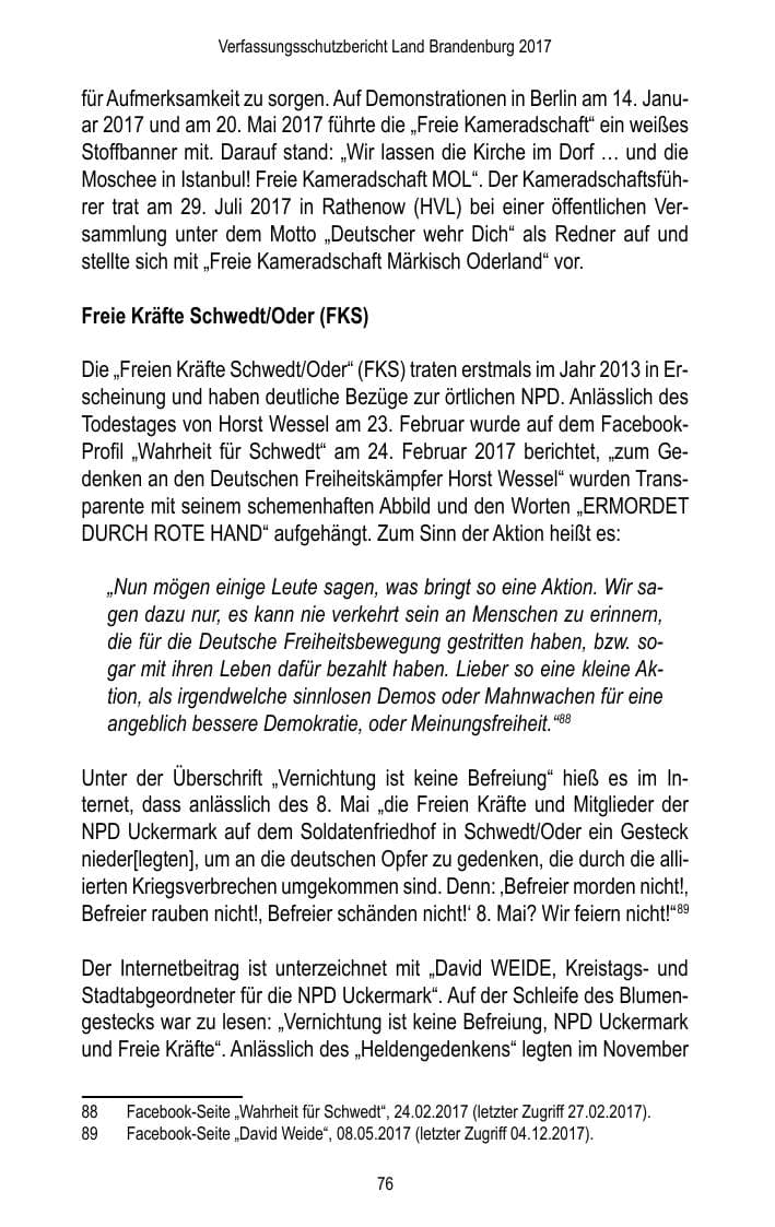 Seite 78 des Verfassungsschutzbericht 2017 Brandenburg