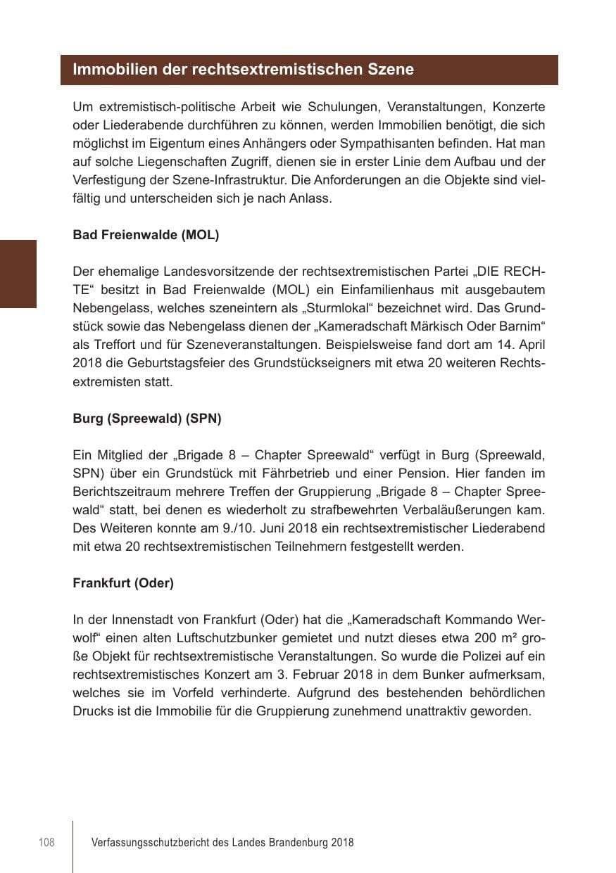 Seite 108 des Verfassungsschutzbericht 2018 Brandenburg