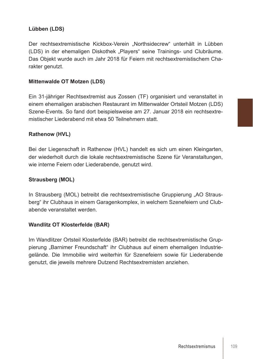 Seite 109 des Verfassungsschutzbericht 2018 Brandenburg