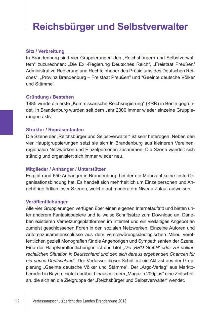 Seite 112 des Verfassungsschutzbericht 2018 Brandenburg