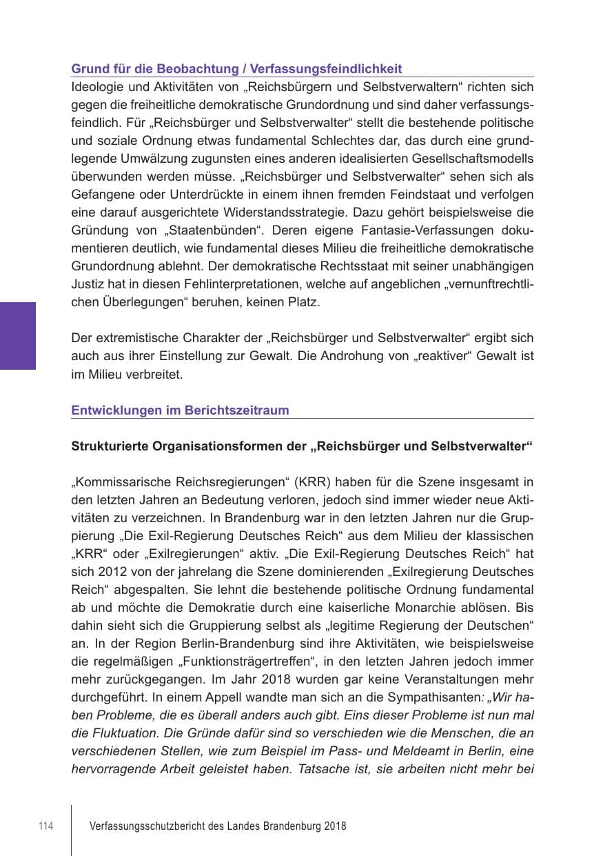 Seite 114 des Verfassungsschutzbericht 2018 Brandenburg