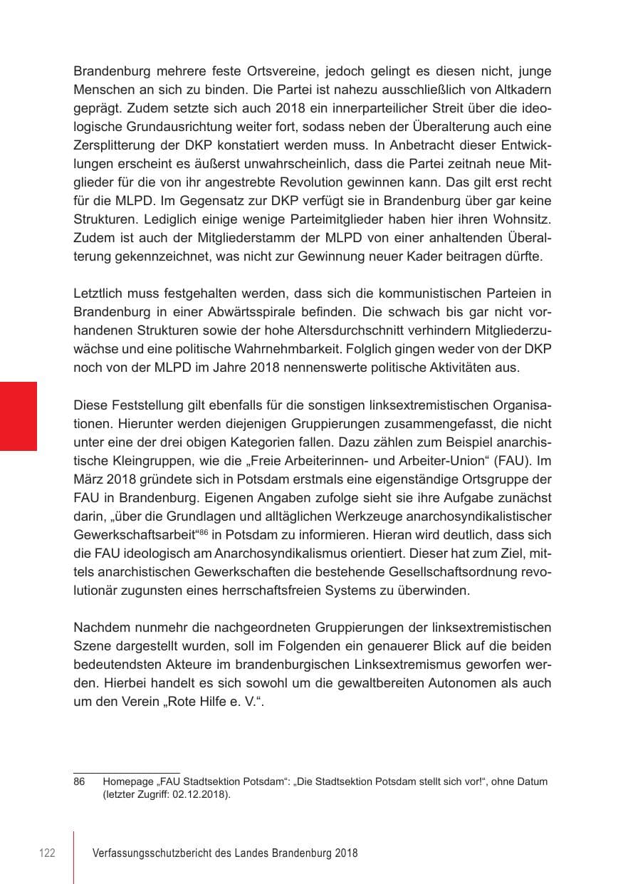 Seite 122 des Verfassungsschutzbericht 2018 Brandenburg